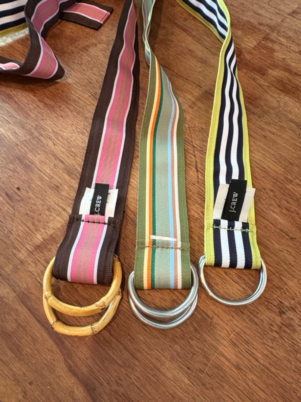 J. Crew Striped Ribbon D-Ring Belts in Pink, Green, Navy and Yellow, Brown - Picture 2 of 4
